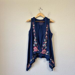 JOHNNY WAS JWLA Embroidered Boho Waterfall Hooded Vest Open in Navy